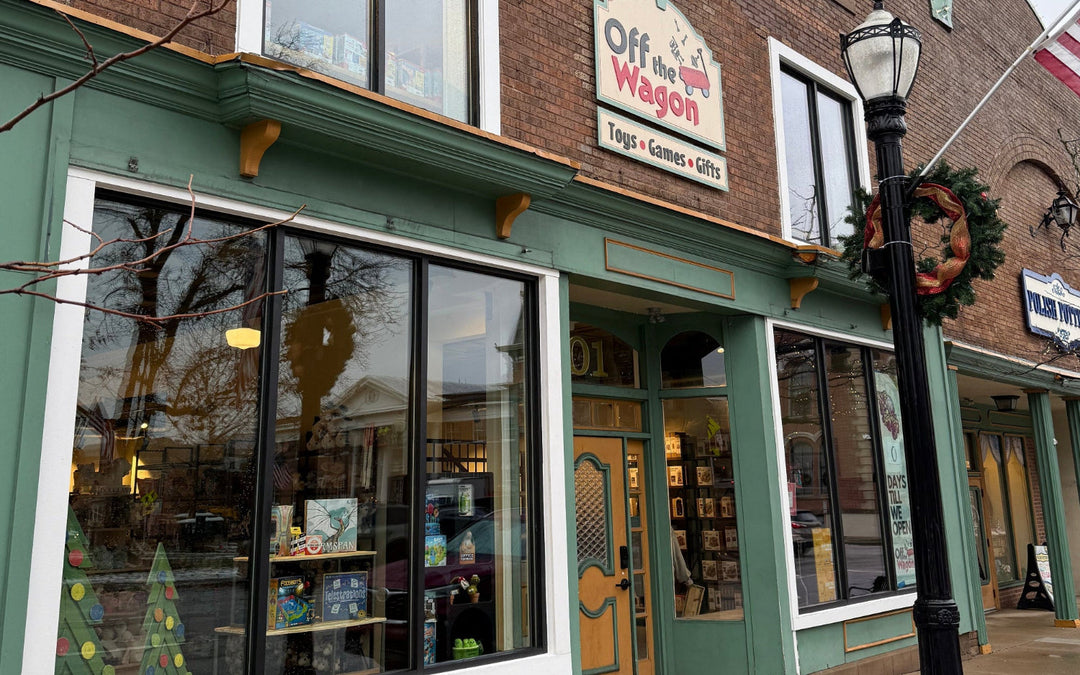 Medina Storefront with 'Off the Wagon' sign and Christmas decorations