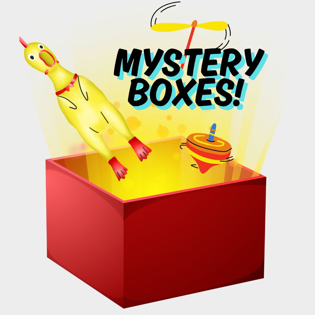 Fun and funky mystery boxes for all.  Red mystery box with a yellow duck toy and spinning top, labeled 'Mystery Boxes!'.