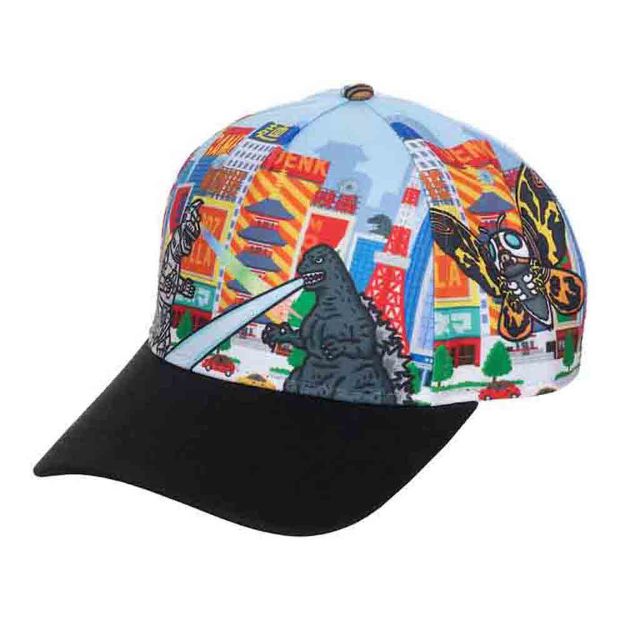 BioWorld Socks & Tees Godzilla City & Monsters All Over Print Pre-Curved Snapback Cap Hat