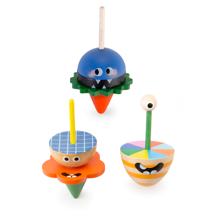 KIKKERLAND Toy Novelties Wooden Dizzy Monster Spinning Top - 1 random style